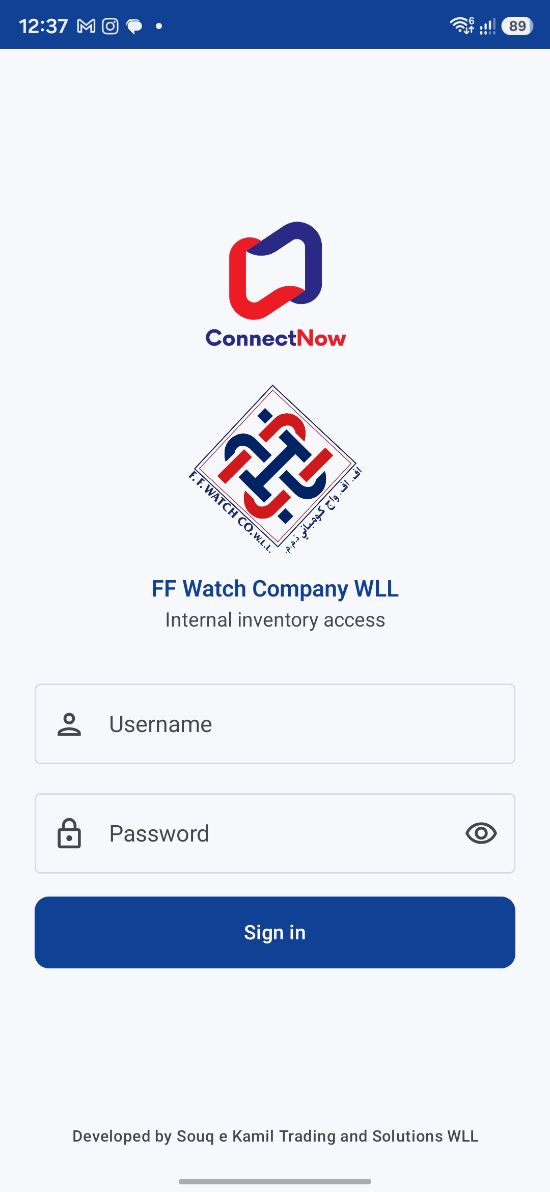 ConnectNow Android app — FF Watch Company inventory sign-in screen