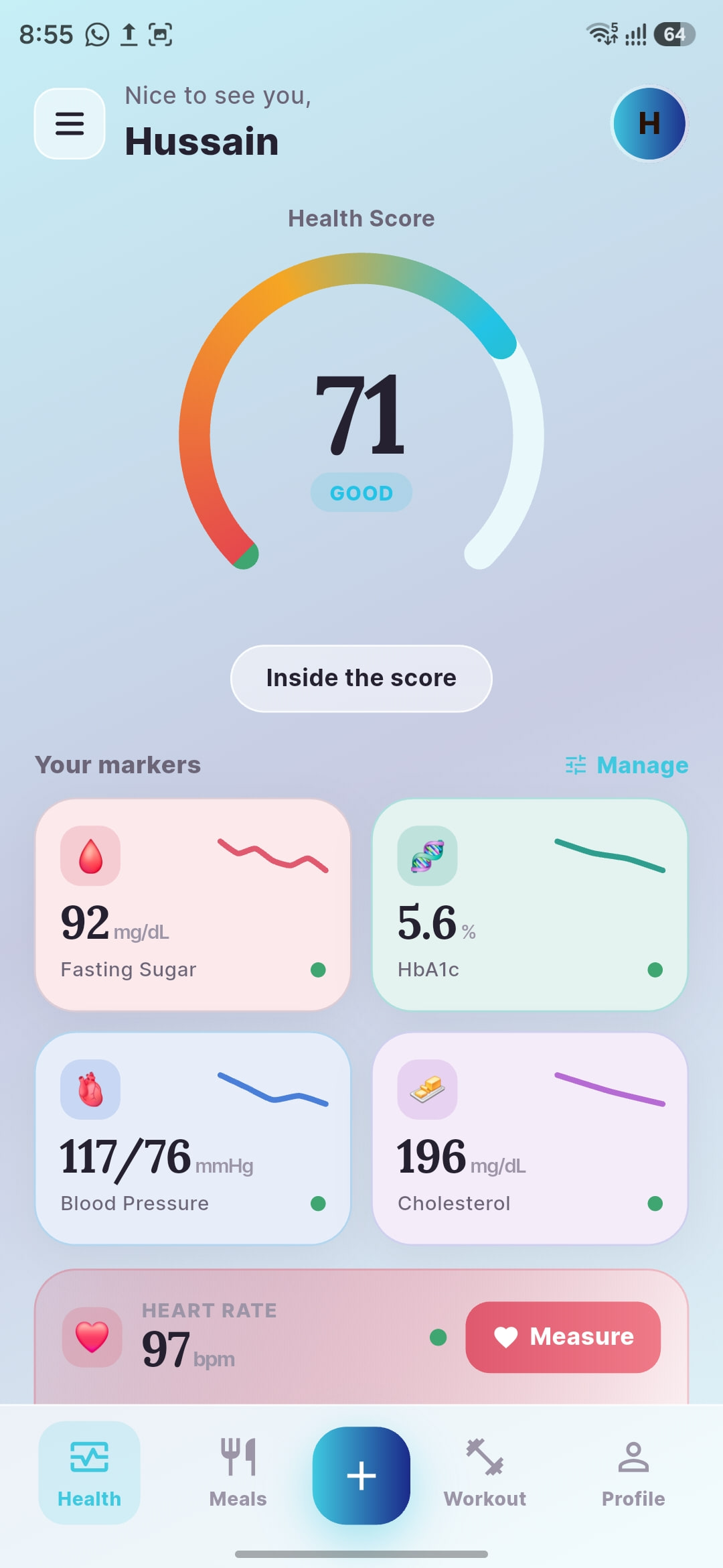 Fitness Assist app — health dashboard showing a wellness score and fasting sugar, HbA1c, blood pressure and cholesterol markers